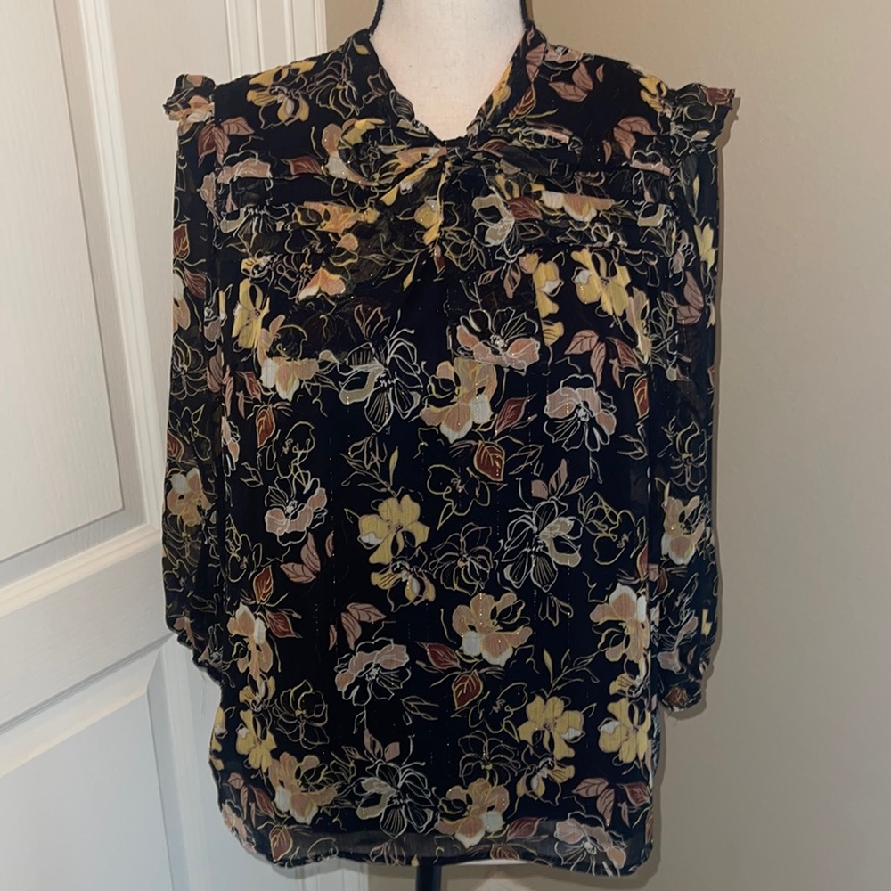 Eclair Ruffle Sleeve Tie Front Floral Chiffon Blouse
